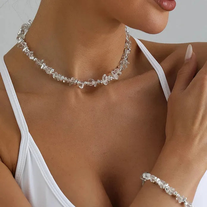 Vintage Irregular Transparent Crystal Necklace & Bracelet Set for Women