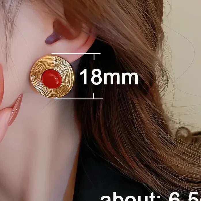 Big Round Red Stone Circle Stud Earrings Brass Acrylic Jewelry for Women
