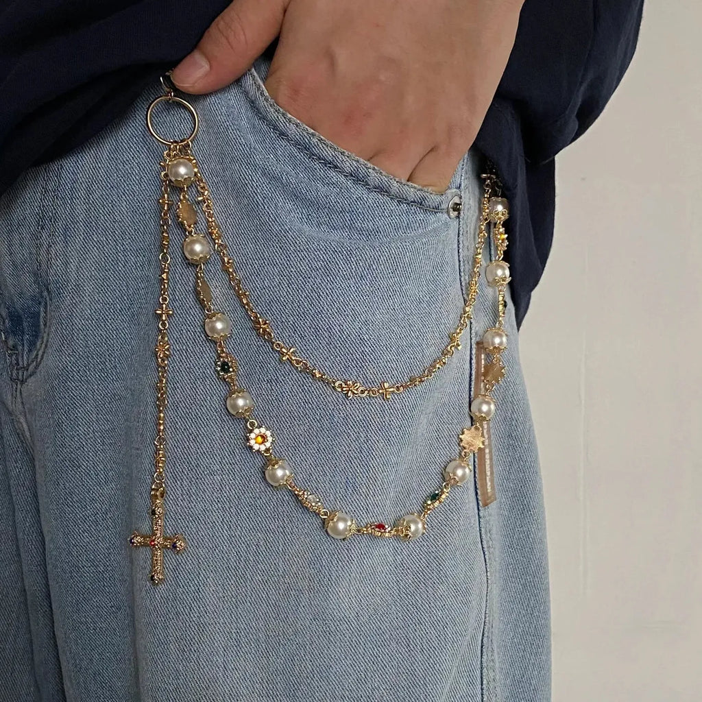 Punk Gothic Zinc Alloy Cross Pendant Multi-Layer Pearl Waist Chain Jewelry