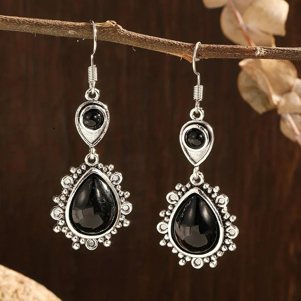 Retro Black Stone Geometric Hollow Lace Pendant Drop Earrings for Women