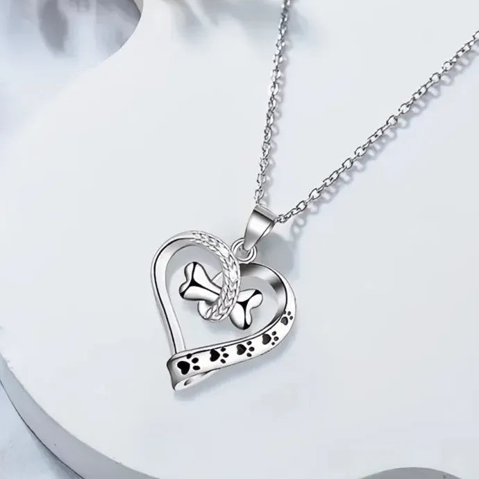 Heart Shaped Pendant Necklace with Dog Bone Footprints Brass Epoxy Gift
