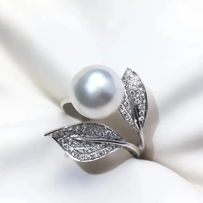 Leaf Design Simulated Pearl Wedding Band Ring for Women Bridal Jewelry