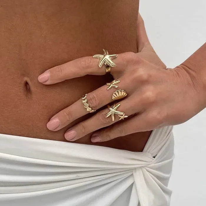 4Pcs Adjustable Gold Starfish Open Rings Beach Party Jewelry Accessories
