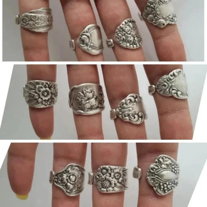 Punk Metal Carved Print Adjustable Silver Ring for Women Men Hip Hop Gift