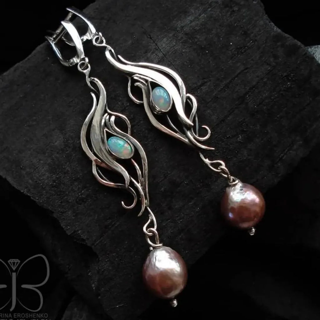 Silver Bohemian Opal Pendant Drop Earrings Copper Metal Elegant Jewelry Gift
