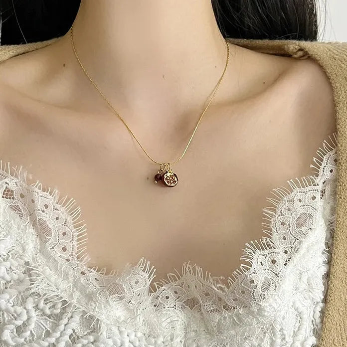 Pomegranate Pendant Necklace Copper Tassel Zircon Collarbone Chain Gift