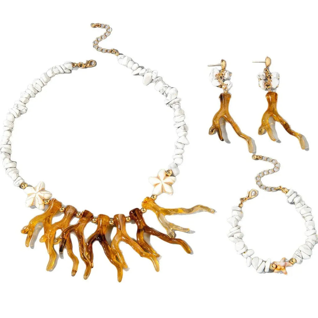 Bohemian Coral Beaded Necklace Set Starfish Earrings for Women Jewelry