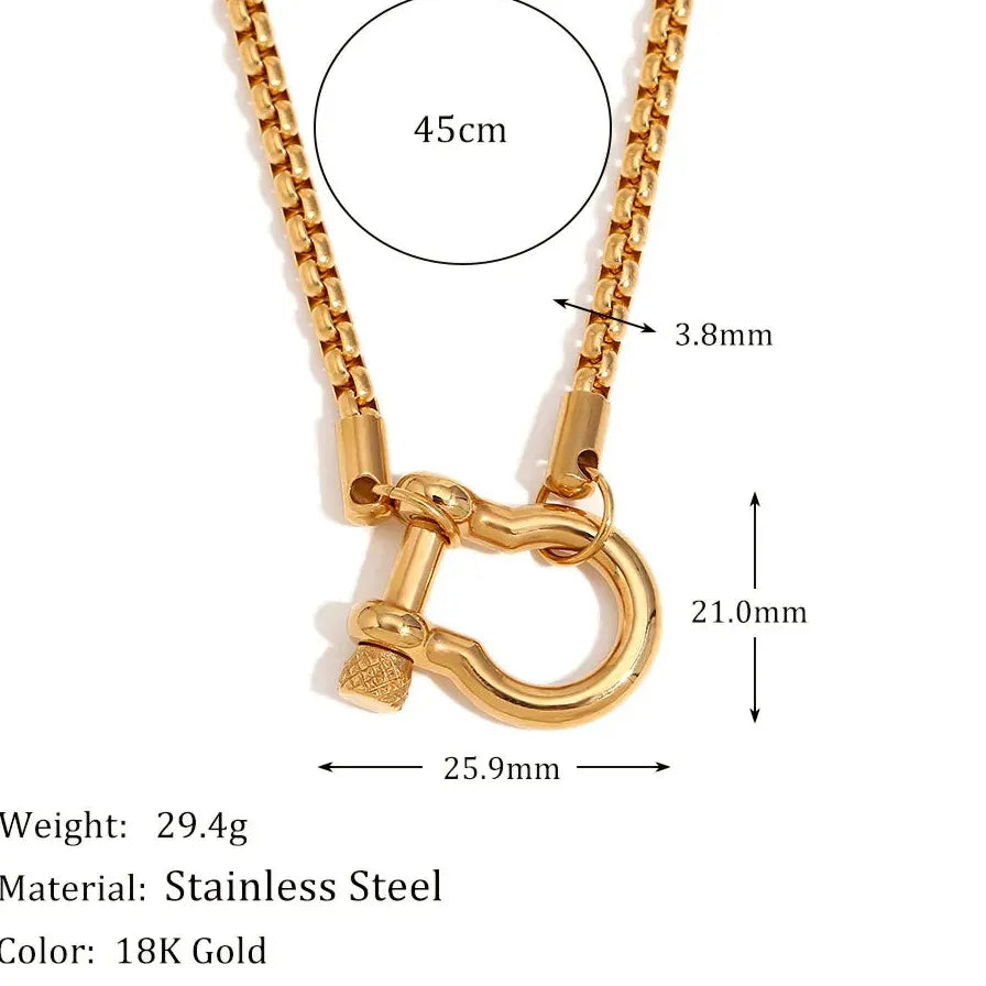 Vintage Chunky Square Metal Chain Horseshoe Necklace 316L Stainless Steel Choker Pendant