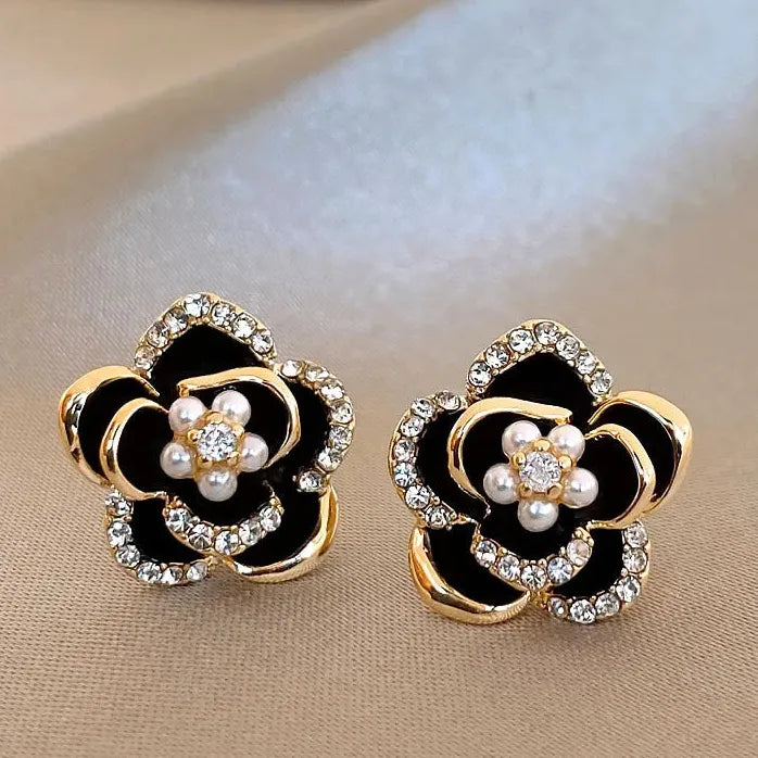 Dripping Zircon Pearl Flower Stud Earrings for Women Rhinestone Jewelry Gift