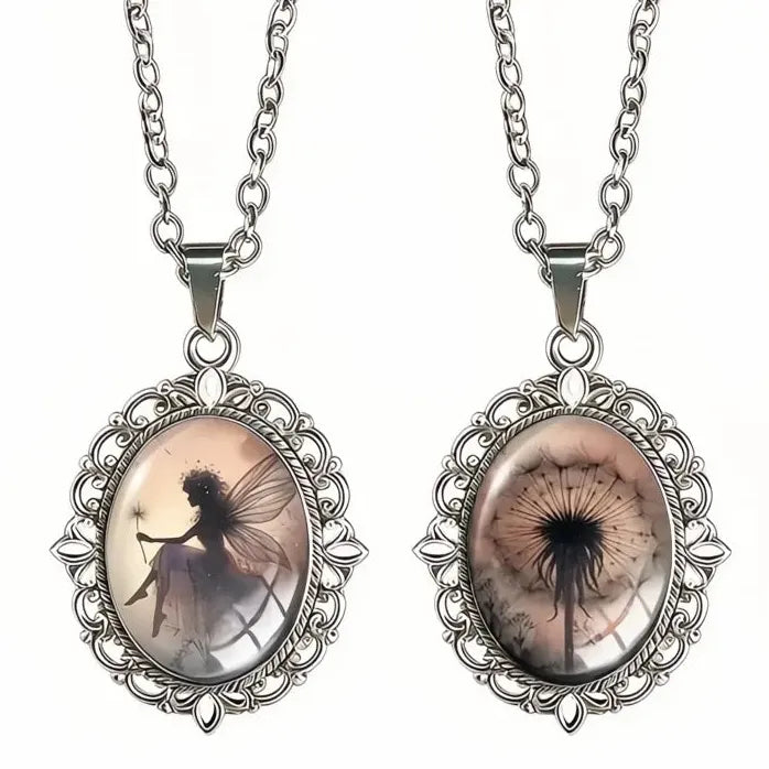 Vintage Oval Fairy Dandelion Glass Pendant Necklace Zinc Alloy Gift