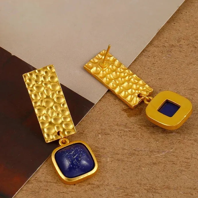 Boho Lapis Lazuli Square Drop Earrings Retro Style Gold Zinc Alloy Jewelry Women