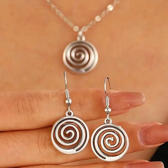 Vintage 90s Silver Spiral Vortex Jewelry Set Earrings and Necklace Women