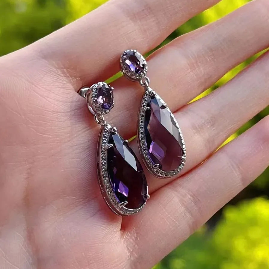 Purple Pear Geometric Cubic Zirconia Drop Earrings Brass Wedding Gift