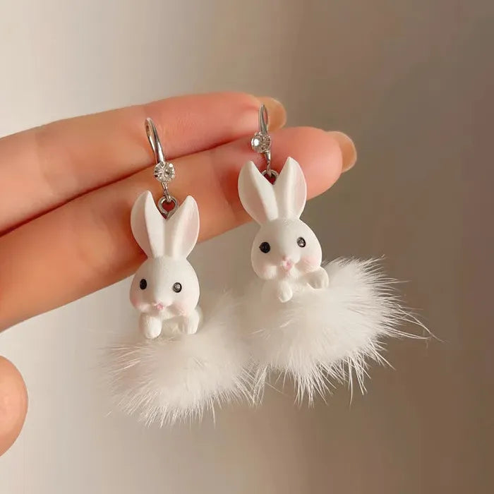 White Plush Cotton Rabbit Carrot Drop Earrings Cute Winter Gift