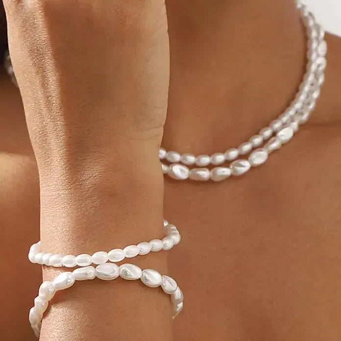 Vintage White Imitation Pearl Double Layer Elastic Choker Necklace Women Wedding Jewelry