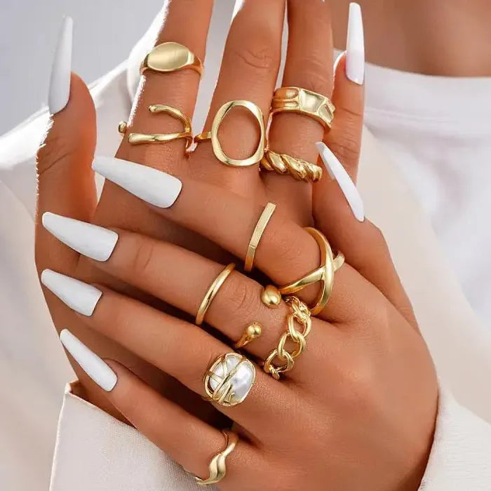12Pcs Women’s Retro Irregular Geometric Adjustable Fashion Rings Set