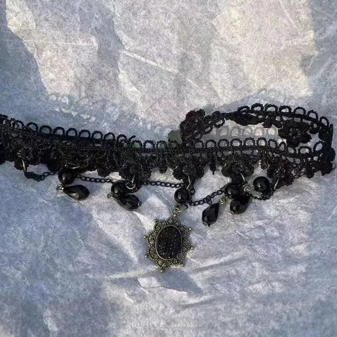Black Lace Crystal Pendant Necklace Gothic Punk for Women Teens Gift