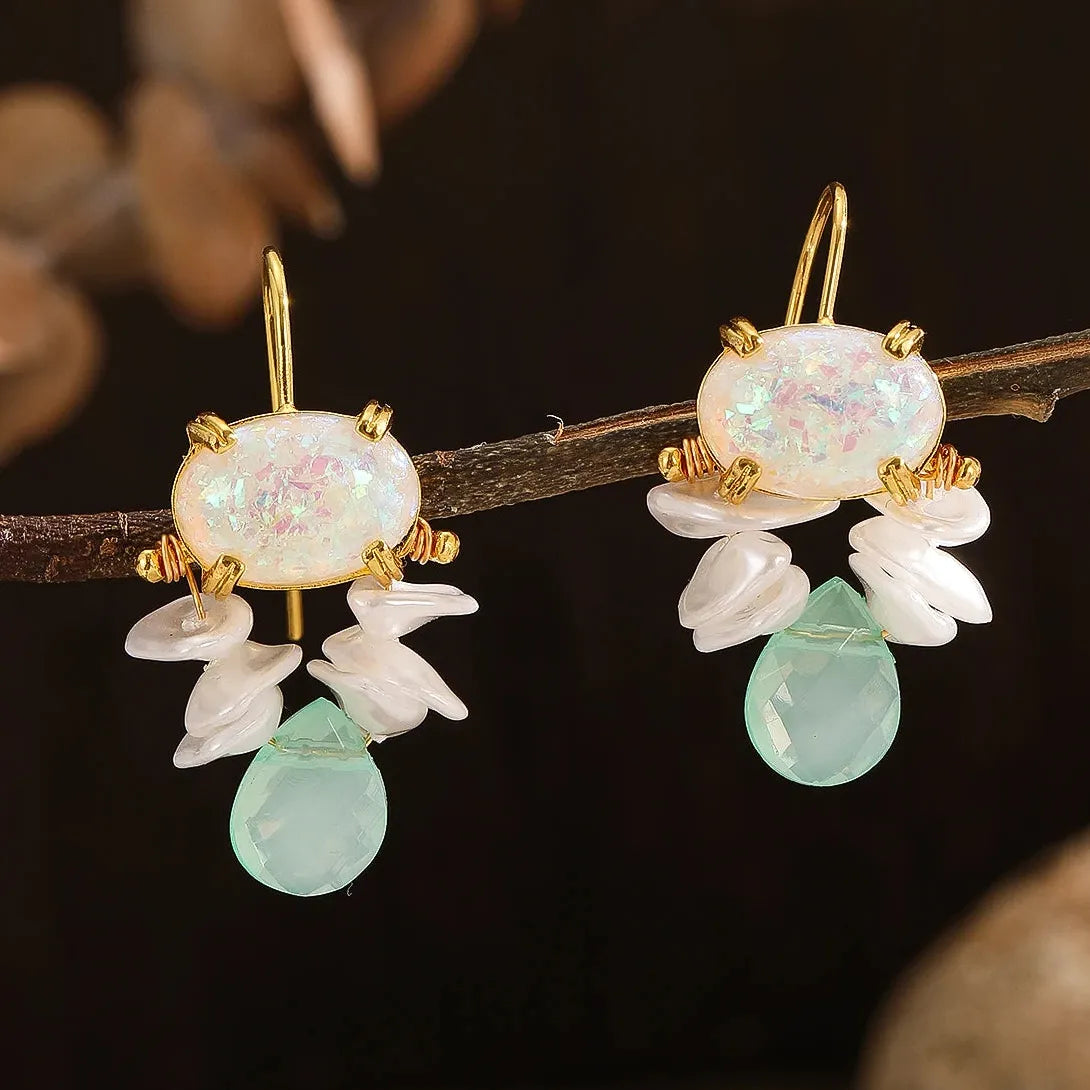 Creative Geometric Pearl Double Drop Round Stone Resin Zinc Alloy Earrings for Women