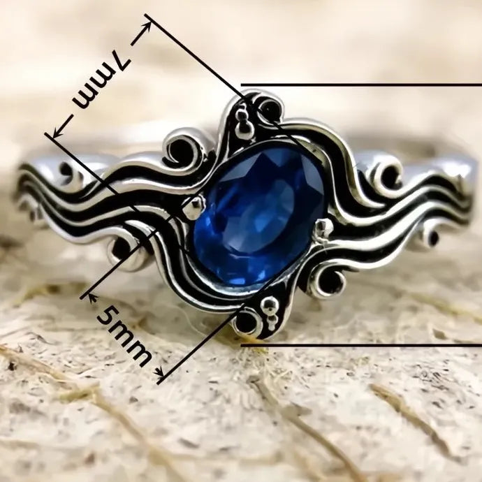 Vintage Blue CZ Silver Wave Ring Geometric Party Holiday Jewelry Brass