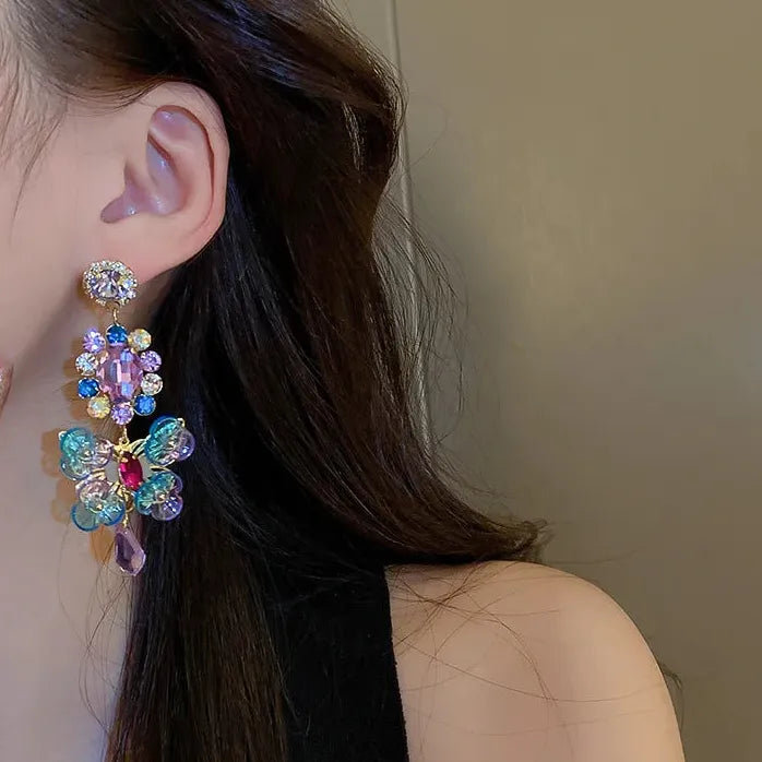 Silver Needle Asymmetrical Diamond Crystal Flower Earrings 2026 Bohemian Gift