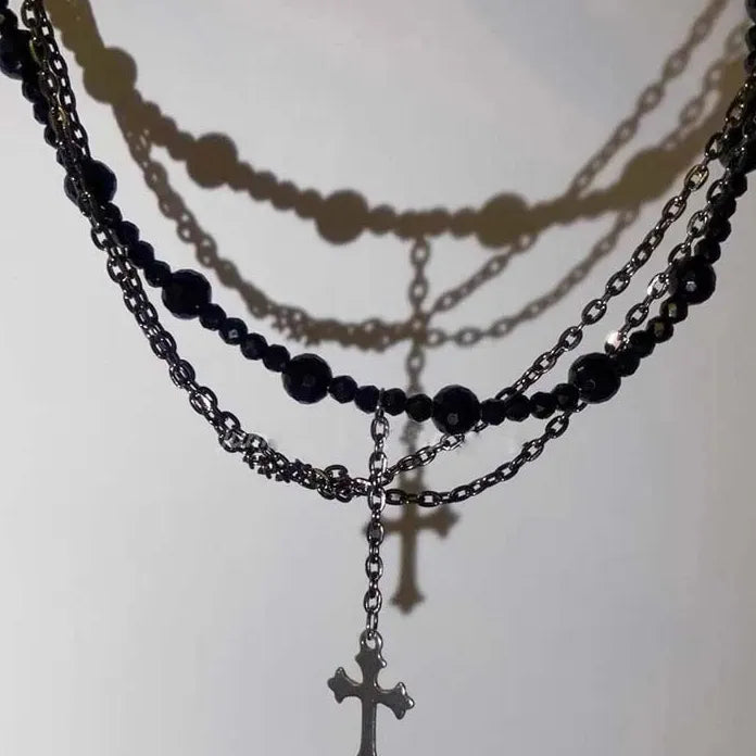 Vintage Gothic Punk Y2K Black Crystal Cross Pendant Necklace for Women Faith Jewelry