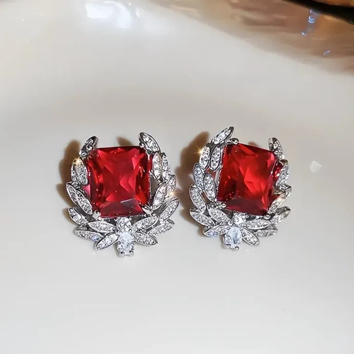 Bright Red Geometric Cubic Zirconia Crystal Stud Earrings for Women Copper Alloy