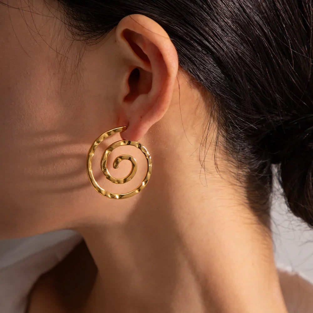 Waterproof 18K Gold Plated Metal Vortex Swirl Earrings Geometric Spiral Rings