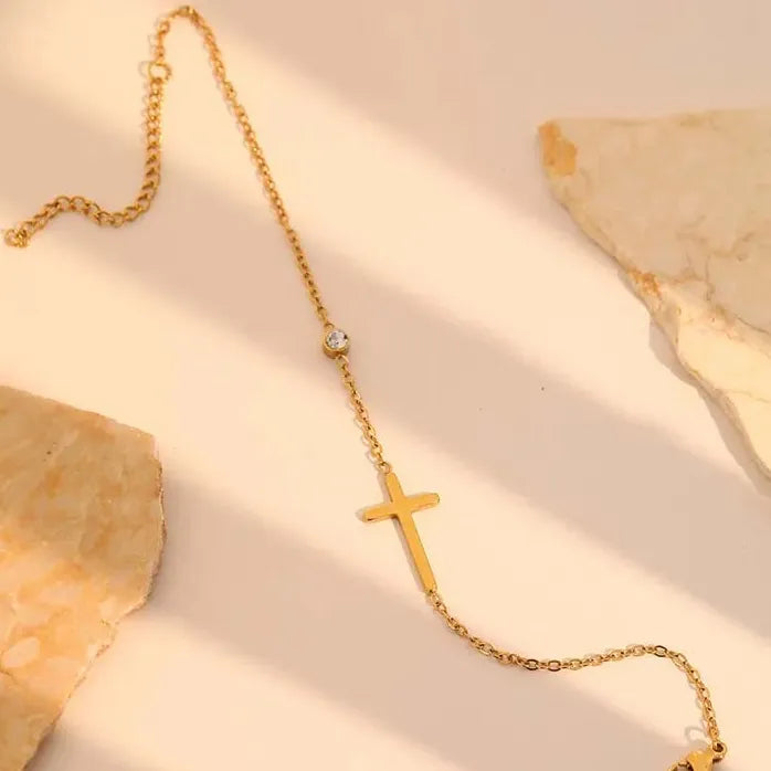 Gold Stainless Steel Cross Chain Bracelet for Women CZ Zircon Charm Gift