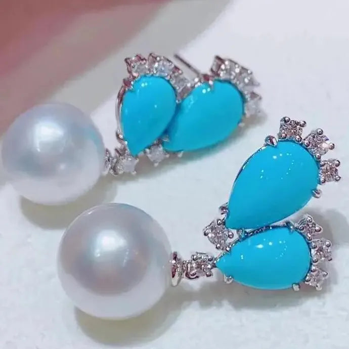 Blue Gemstone Imitation Pearl Drop Earrings for Ladies Wedding Engagement Jewelry