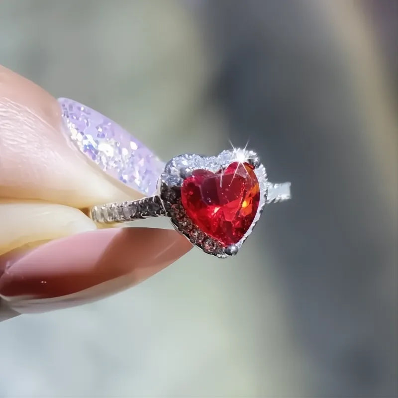 Classic Silver Heart Engagement Ring for Women Copper CZ Stone Inlay Wedding Jewelry Gift