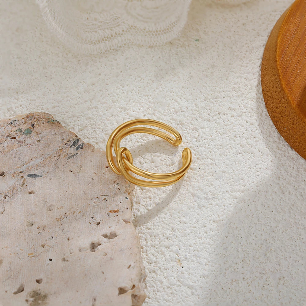 Vintage Gold Plated Stainless Steel Hollow Double-Layer Twisted Rope Knot Ring for Women