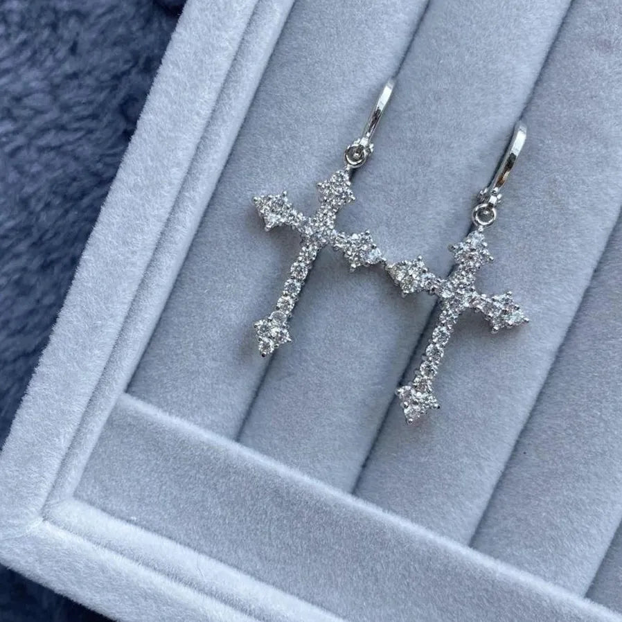 Korean Zircon Crystal Cross Drop Earrings Women Gothic Punk Hip Hop Jewelry