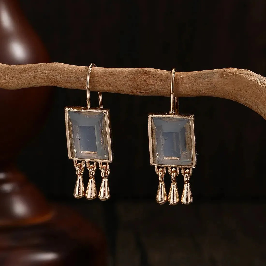 Ethnic Geometric Inlay Green Stone Tassel Drop Earrings for Women Party Jewelry