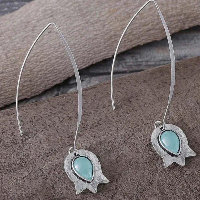 Vintage Floral Tulip Sapphire Inlaid Drop Earrings Zinc Alloy Jewelry for Women