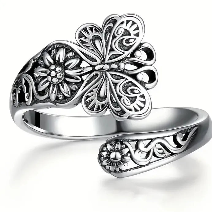Elegant Women Silver Butterfly Flower Engraved Metal Ring Trendy Design