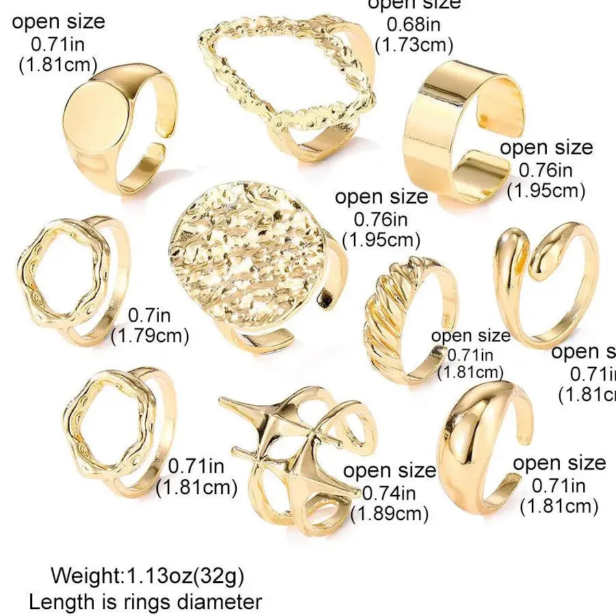 10Pcs Vintage Punk Gold Metal Star Open Rings for Women Party Jewelry Gift