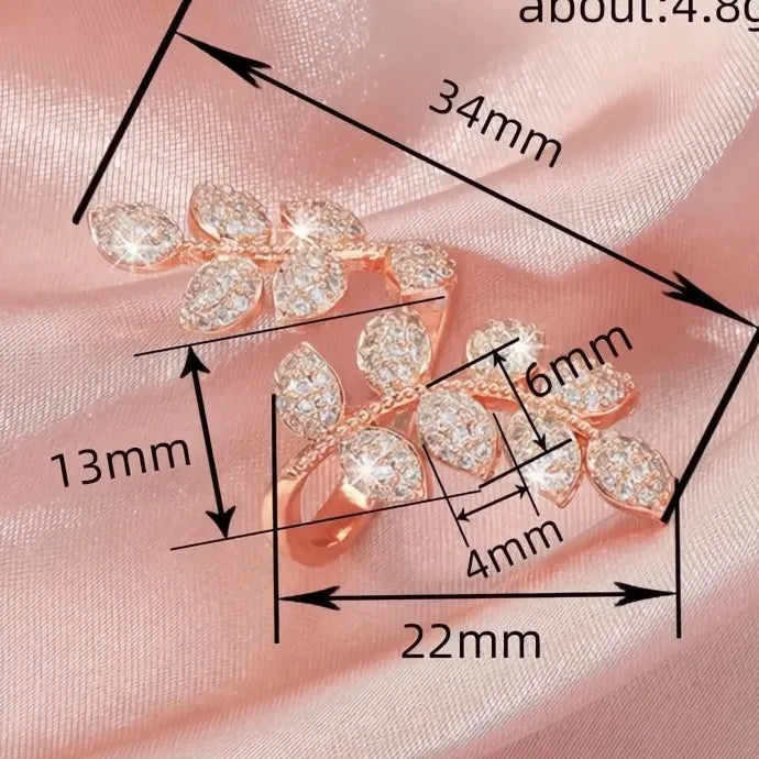 Leaves Shaped Women’s Opening Ring Rose Gold Brass CZ Party Jewelry