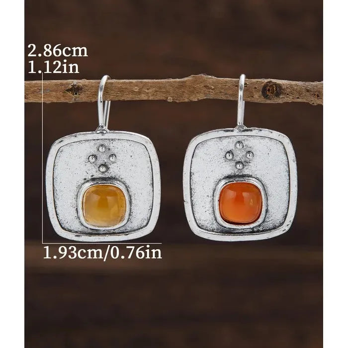 Classic Round Orange Stone Women's Earrings Silver Metal Square Pendant Jewelry