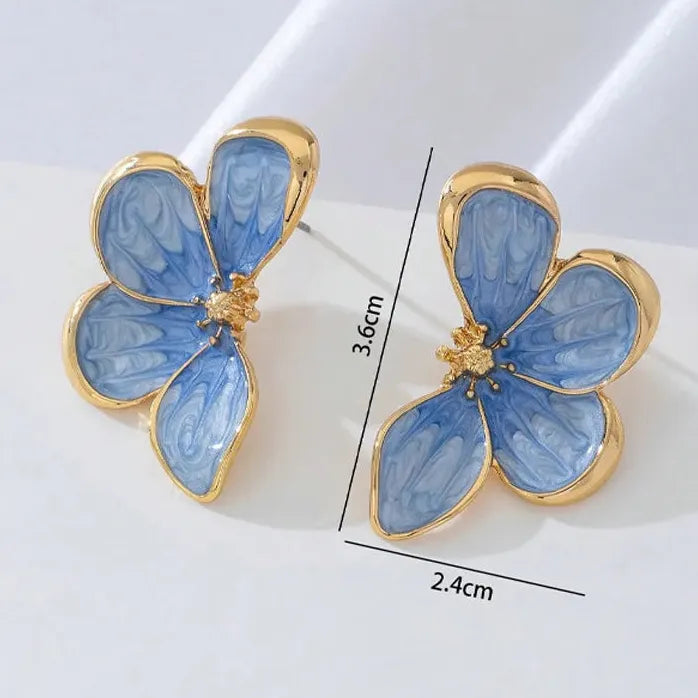 Vintage Blue Flower Drop Oil Stud Earrings for Women Nature Jewelry