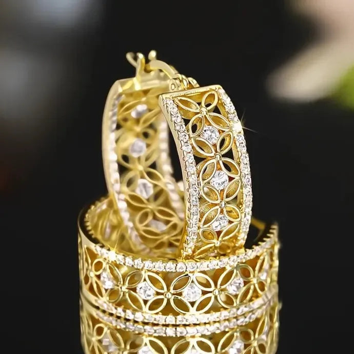 Delicate Hollow-Out Geometric Hoop Earrings with Cubic Zirconia, Gold Tone