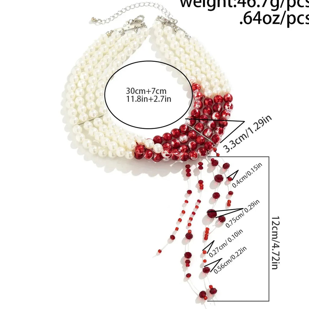 Vintage Red Blood Pattern Imitation Pearl Tassel Pendant Necklace for Women Goth Jewelry
