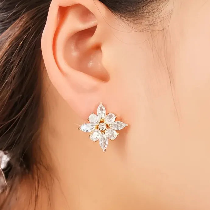 Geometric Flower CZ Stud Earrings for Women Elegant Copper Alloy Jewelry