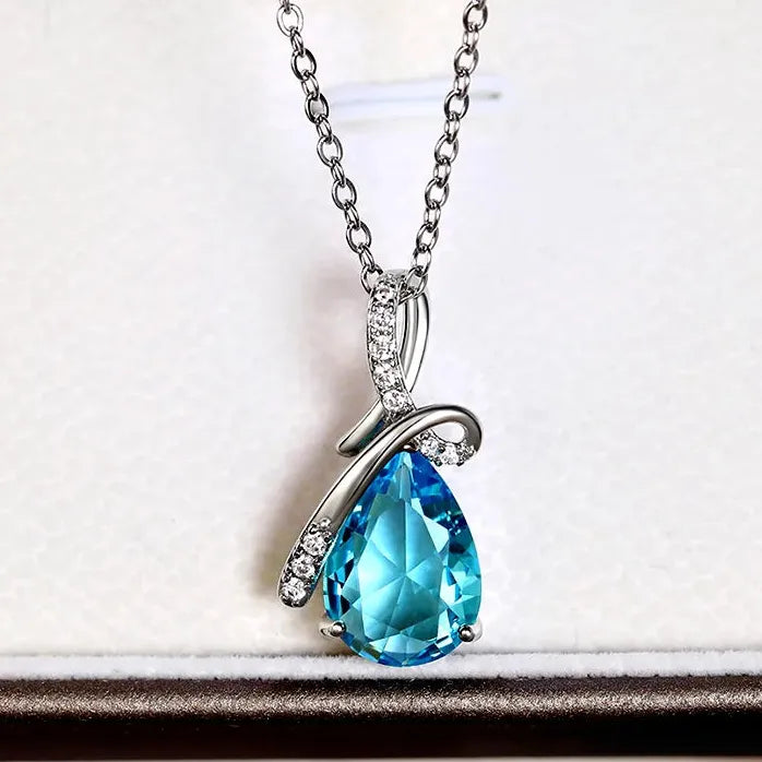 Blue Zirconia Water Drop Necklace for Women Engagement Brass Jewelry