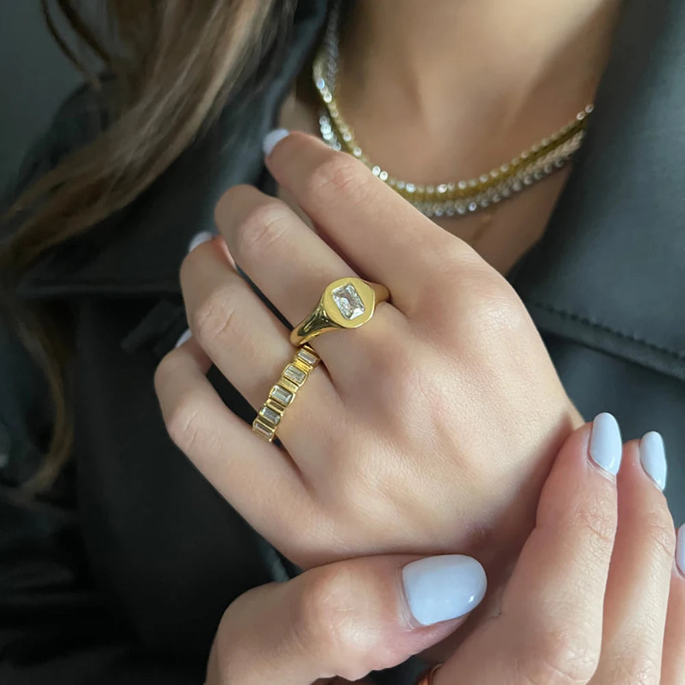 18K Gold Plated Zircon Wedding Ring for Women Stainless Steel Geometric Band