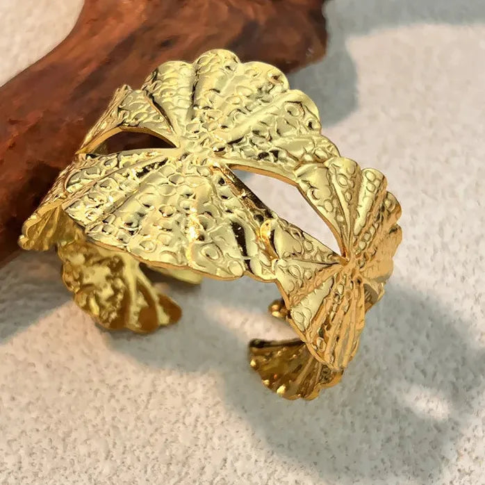 Retro Gold Stainless Steel Wide Cuff Bracelet for Women Daisy Lily Ginkgo Leaf