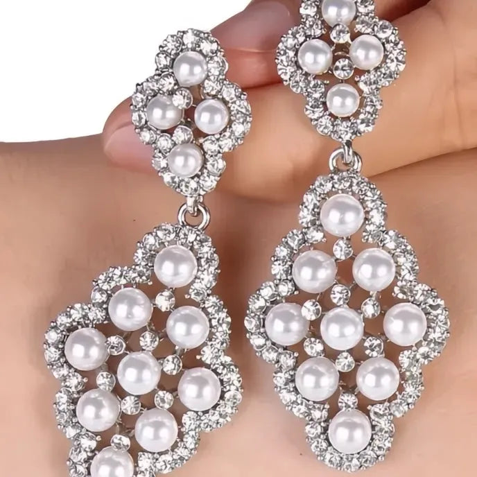 Copper Alloy Geometric Drop Earrings for Women Simulated Pearl Inlaid Shiny CZ Jewelry