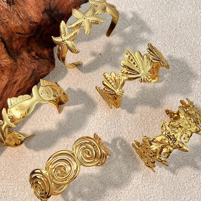 Vintage Ocean Lava Textured Starfish Coral Gold Plated Stainless Steel Cuff Bracelet