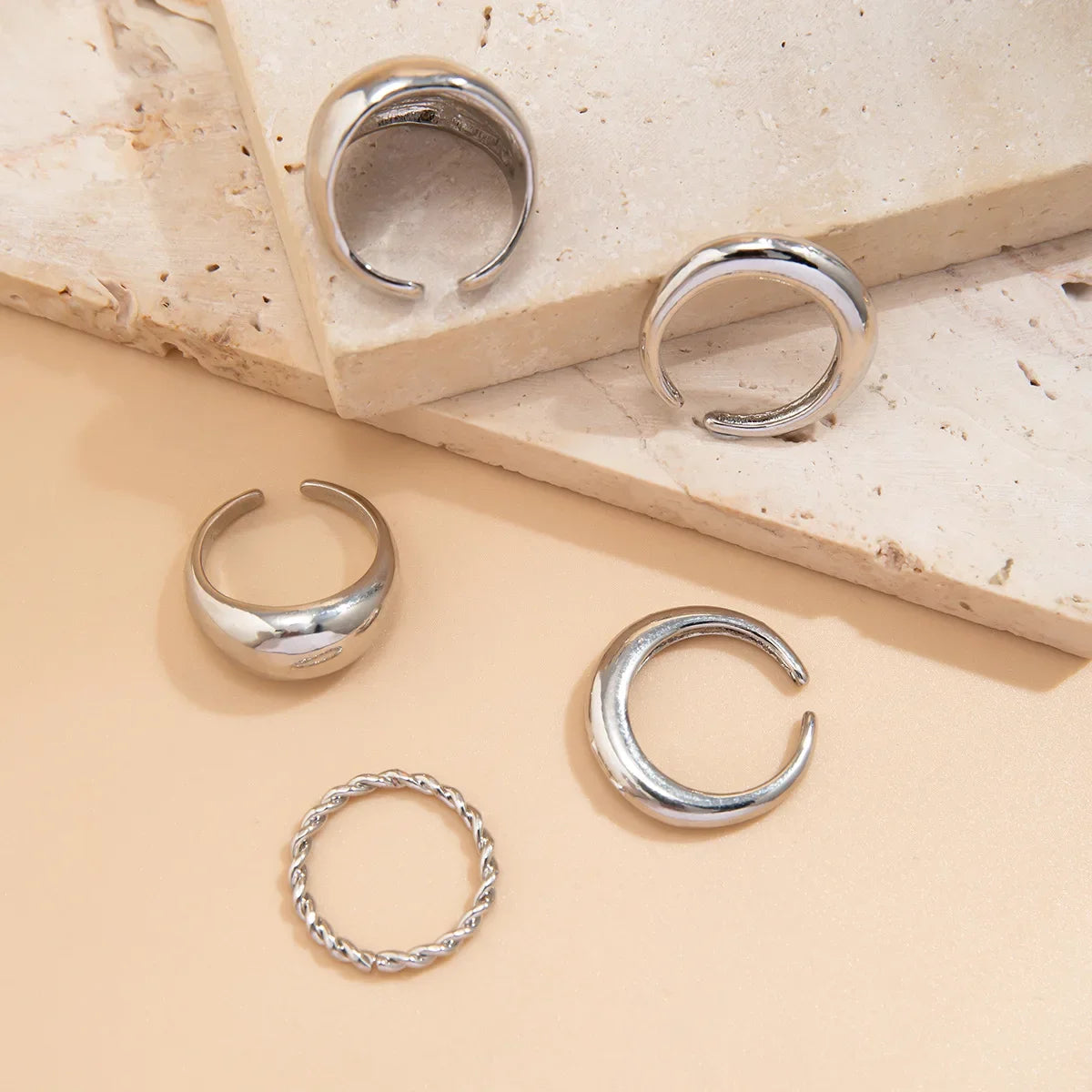 5Pcs Adjustable Zinc Alloy Punk Geometric Dome Finger Ring Set for Women