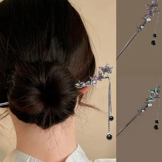 Elegant Double Butterfly Tassel Hairpin for Women Zinc Alloy Hair Clasp