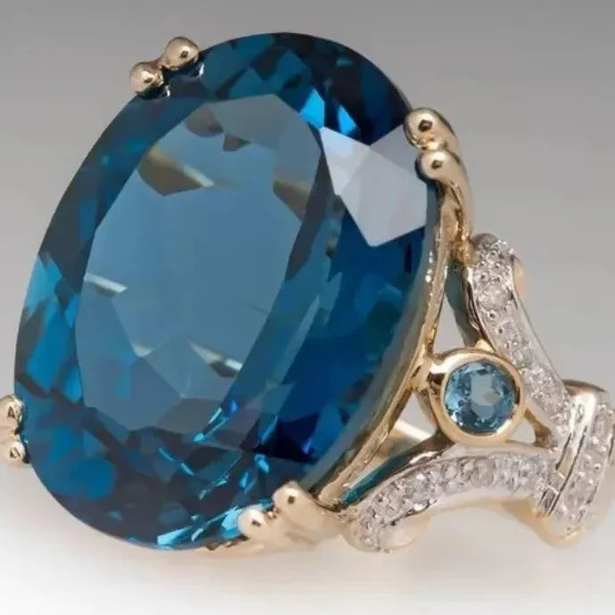 Exquisite Oval Inlaid Blue Zinc Alloy Gold Color Rings for Women Wedding Party